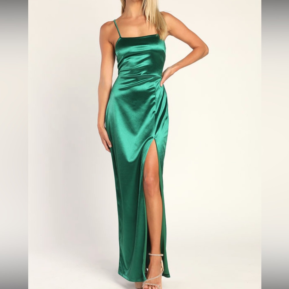 Lulus Emerald Green Satin Maxi Dress NWT | Formal Prom Wedding Guest Slit M